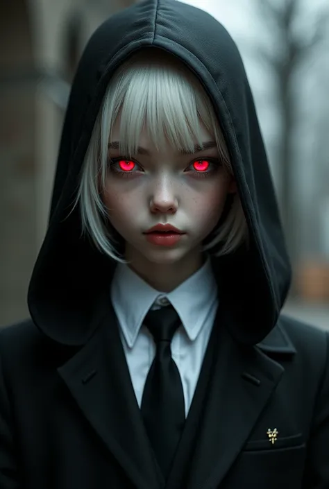 White-haired, red-eyed androgynous girl in suit and black hoodie