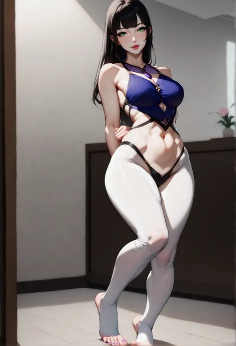 ((ultra quality)), ((work of art)), juri han((black hair with purple details, )), (beautiful  face), (beautiful female lips), (), enchanting, ((sexy facial expression)), looking at the camera smiling softly, eyes closed a little, (white skin color), (Cauca...