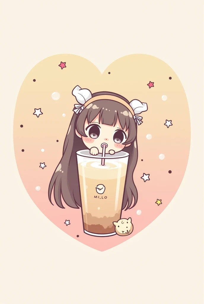 A circle-shaped heart with a soft color palette.
A chibi-style girl with big, round eyes, sipping a milk tea with a cute straw.
Add playful elements like bubbles or stars around the logo.