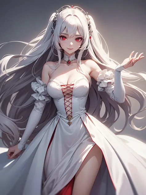 woman, red eyes, white long wavy hair, noble, like prince, sadistic smile, queen. her front hair is tied up. her dress are white like a fallen angel vibes. where dress like princess or queen. she sadistic and cruel women. like a strong Knight women