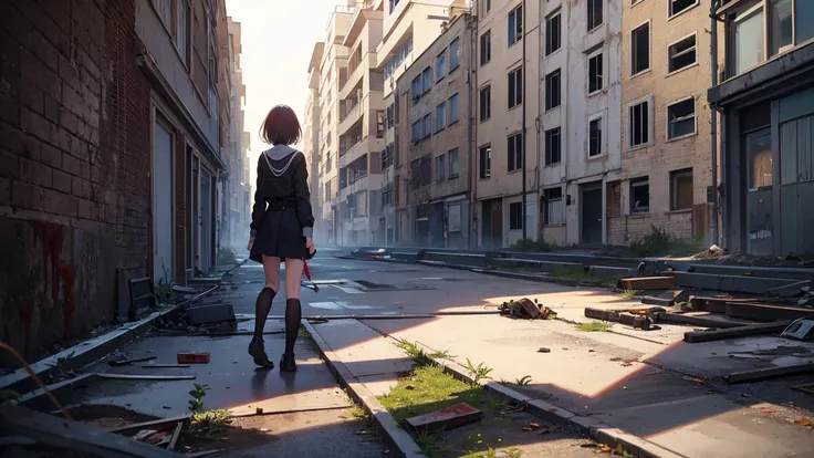 An image with a girl from behind, with a background of a destroyed city, already completely destroyed with weeds everywhere, blood on the walls of the houses and on the floor.