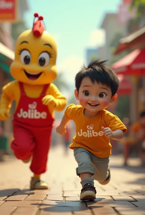 Real pinoy baby boy running with following runming pinoy jollibee mascot