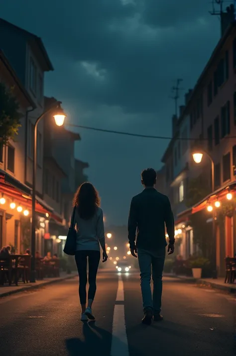 A woman and mam , walking in opposite direction of a road , houses , cafes on both sides , night theme 