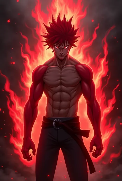 Garou, a character from One Punch Man, has red hair and eye color and a red aura around him.