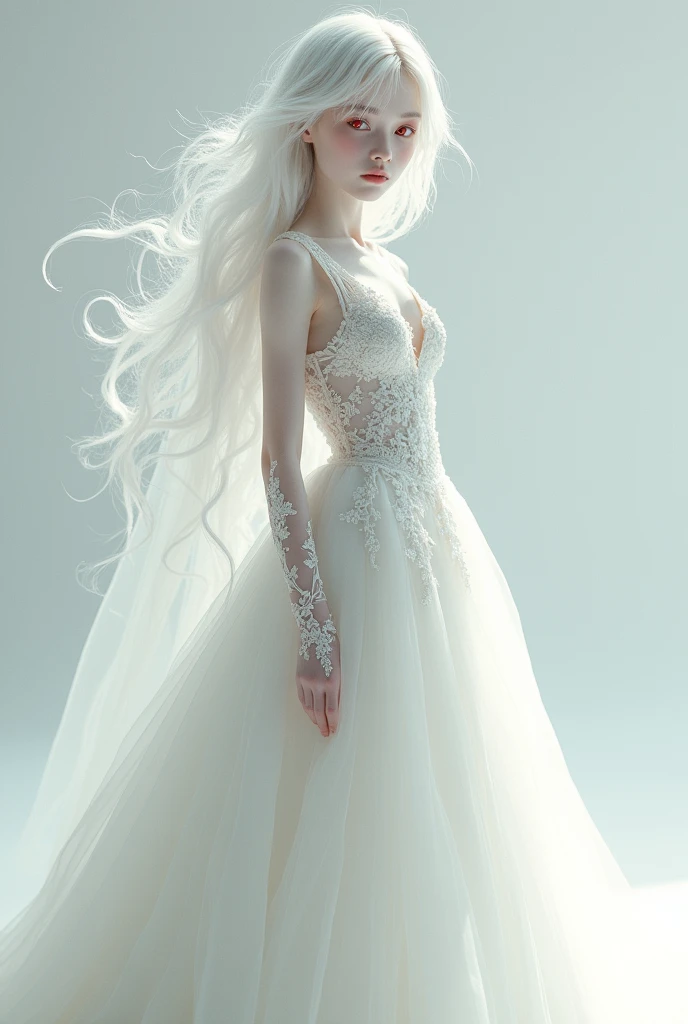 Androgynous girl with white hair and red eyes in a white wedding dress