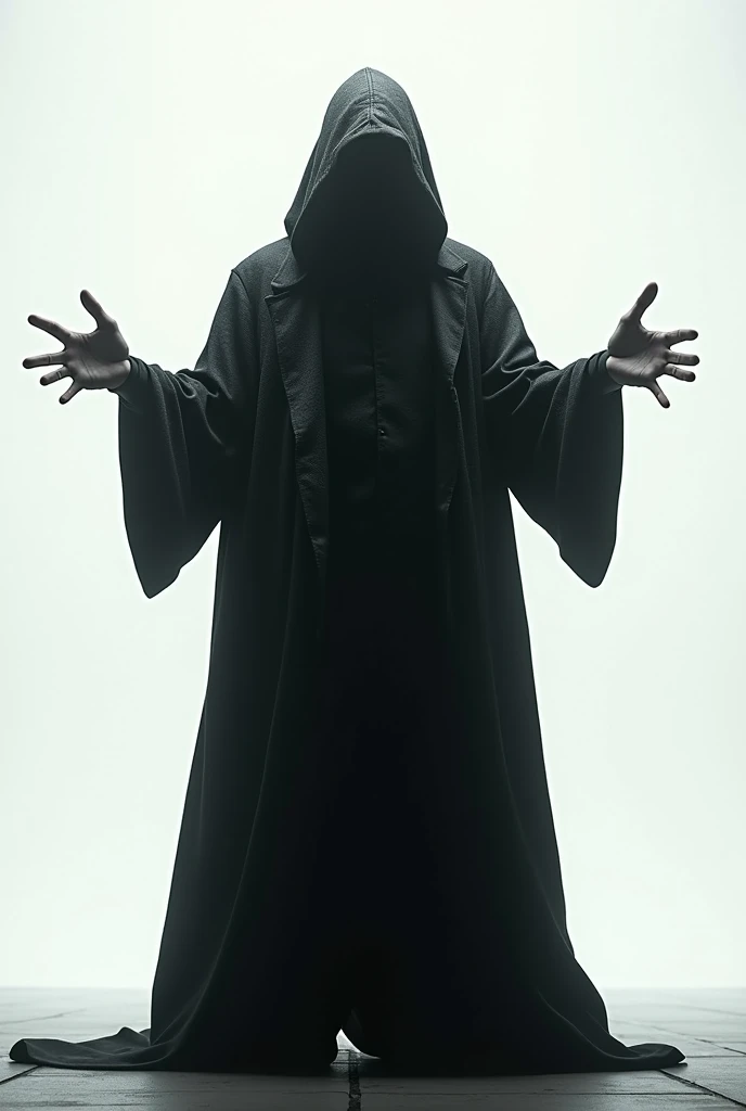 A whit background, a man wearing a long black headed funky coat with his face hidden completely, his shadow is on the wall behind him, he looks like a sorcerer practicing black magic, feels like a Live Photo, and there is a word between his wide open hands...