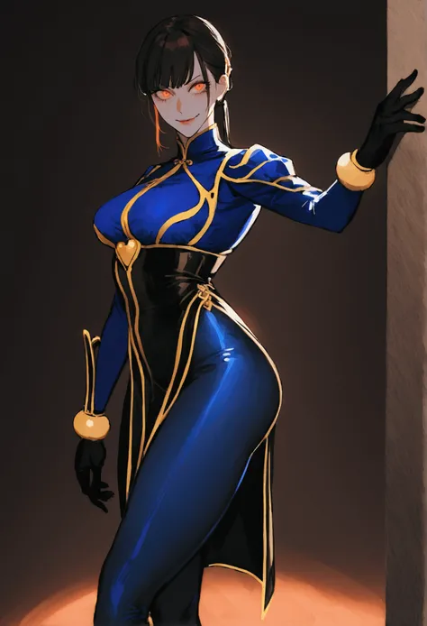 standing alone, work of art, best qualityer, agrias, black costume, collant preto, standing, looking ahead at viewer, shorth hair,Evil smile, evil gaze, Chun-Li,black gloves,blue outfit,yandere face,poor lighting,beautiful eyes,detailed eyes orange lightin...