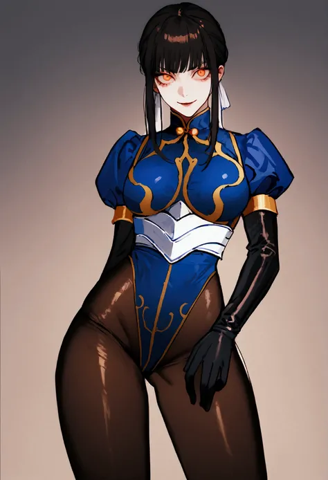 standing alone, work of art, best qualityer, agrias, black costume, collant preto, standing, looking ahead at viewer, shorth hair,Evil smile, evil gaze, Chun-Li,black gloves,blue outfit,yandere face,poor lighting,beautiful eyes,detailed eyes orange lightin...