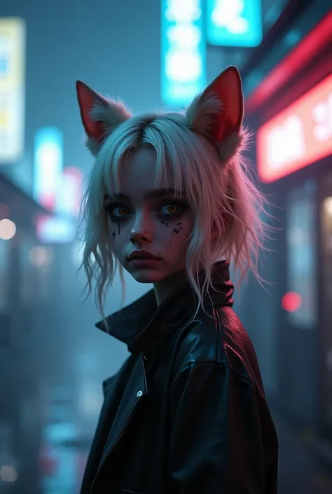 1 Girl, blond,  cexist_ear, animal_ear, Solitary, dark_skin, Brown_skin, Foggy neon futuristic,  Summer Jackets, Cherry Blossoms Falling, Portrait Style, Watching_exist_Viewer, cinemexistic lighting,  Eyeliner, cosmetic, emotion,  Very detailed, Wide-angle...