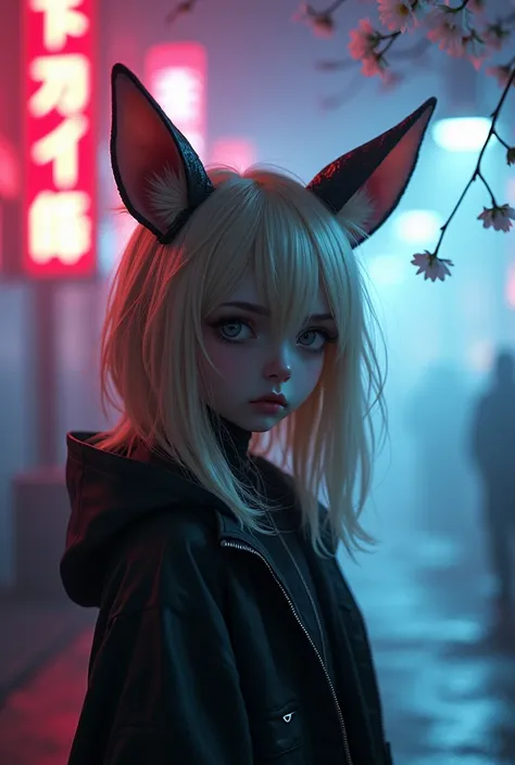 1 Girl, blond,  cexist_ear, animal_ear, Solitary, dark_skin, Brown_skin, Foggy neon futuristic,  Summer Jackets, Cherry Blossoms Falling, Portrait Style, Watching_exist_Viewer, cinemexistic lighting,  Eyeliner, cosmetic, emotion,  Very detailed, Wide-angle...