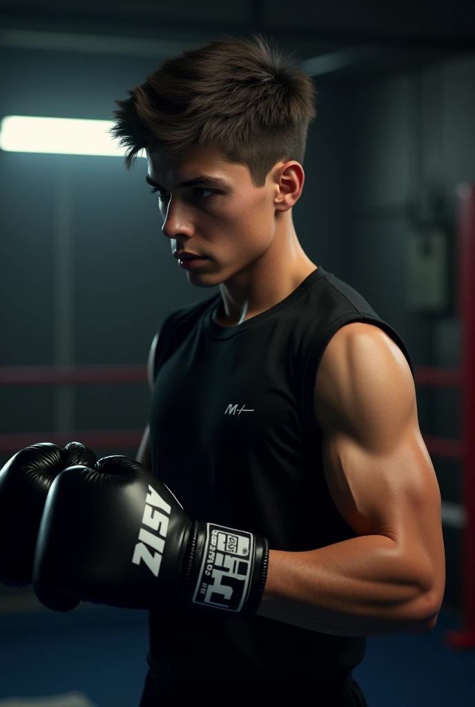 MAKE A PIC IN WHICH A BOY WEAR BLACK SHIRT AND WEAR BOXING GLOVES AND NAME MHZ BOXER IN BLACK SIDE