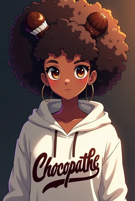 illustration of a cool profile picture avatar with a blank expression, with chocolate themed accessories on her Afro hair, brown skin, a white hoodie with chocolate prints saying "Chocopathe" and cute chocolate themed accessories, and with a dark backgroun...