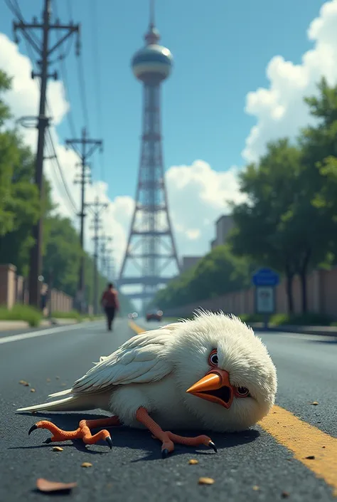 A dead bird is lying on the road, and its mother is crying beside it. Behind them, a communication tower stands tall, and people are passing by them.