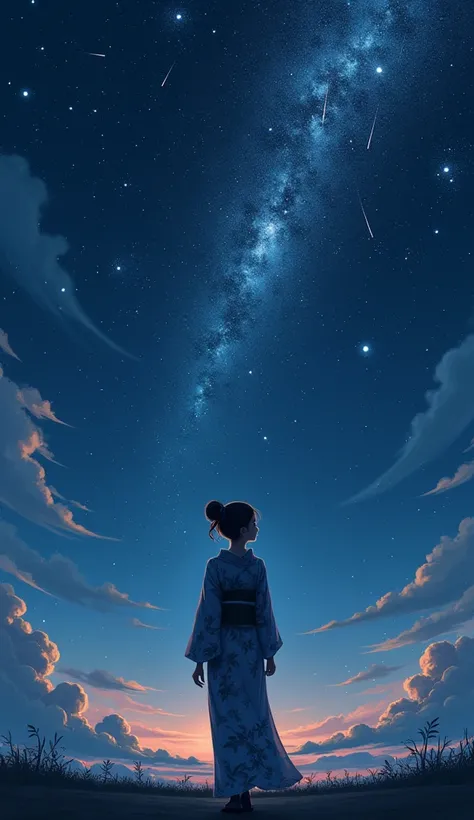 A cute 25-year-old girl in a kimono watches the night sky full of stars and a meteor shower, and the mysterious night sky