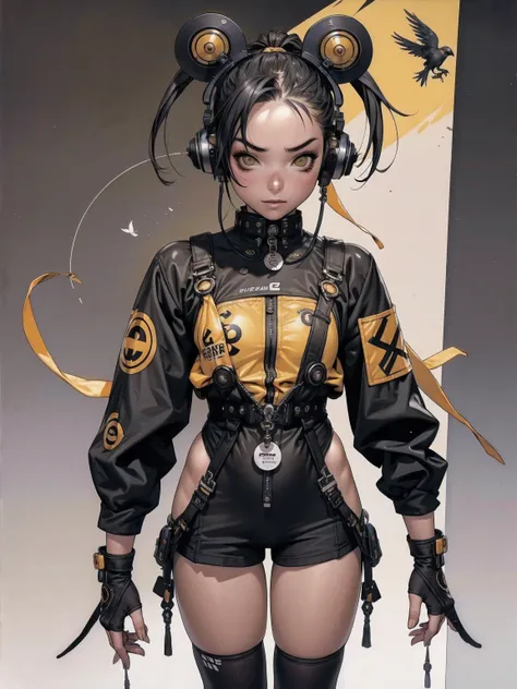 (best qualityer))), (((manga strokes))), (((Headphones))), (((yellow and dark gray devices))), (((bird’s eye view))), Bunny ears and Googles on the forehead, (((tiny thong shorts))), uma Kizi jovem muito bem vestida com roupas modernas de inverno, short to...