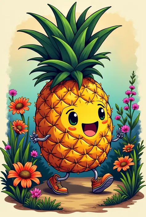 Side pineapple smiling and walking under the flowers as a old school Tattoo