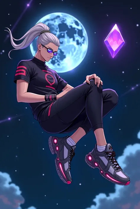 Create an anime-style illustration of a futuristic, athletic character floating in space. The character has a sleek, cyberpunk design with a high ponytail, wearing a black shirt with a red emblem and futuristic sneakers with intricate patterns. The backgro...