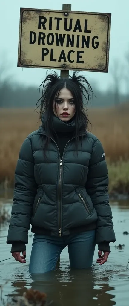 woman, wrapped up in down jacket, information pointer "RITUAL DROWNING PLACE VICTIMS ONLY", flared jeans, stuck in bog, ritual hairdress,makeup.collar only 