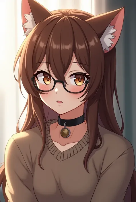 adult anime cat male in his 20s, lithe masculine frame, long brown hair, looking at viewer, bell collar around neck, wearing sweater, curious expression, blur eyes and glasses
