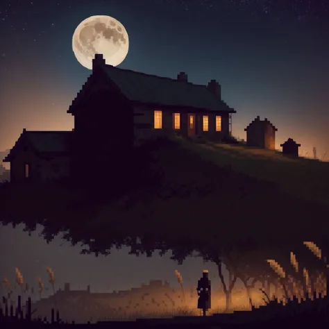 In a post-apocalyptic setting, the night is deep and silent, with only the whisper of the wind rustling through the fields of wheat that sway gently under the light of the full moon. The sky is a dark canopy, sprinkled with stars that blink intermittently,...