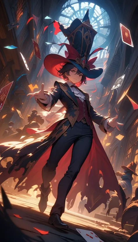 ((best quality)) , ((masterpiece)) , (detailed),League of Legends splash art depicts a Magician in the style of Akihiko Yoshida playing cards in an alleyway at night. He wears a magicians hat on his head against a backdrop of a fantasy background with cine...