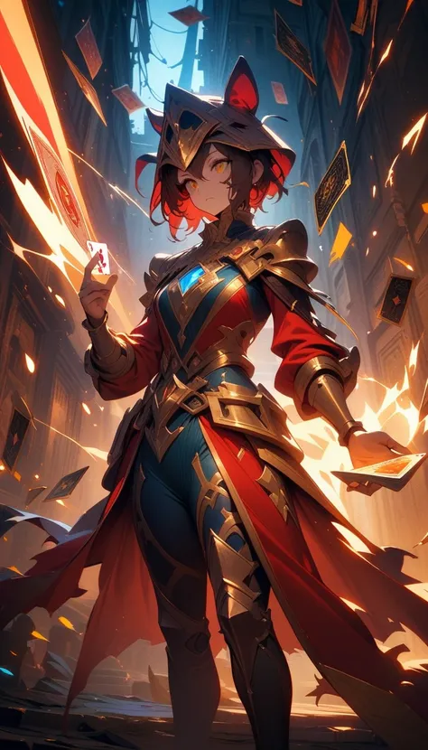 ((best quality)) , ((masterpiece)) , (detailed),League of Legends splash art depicting the card master Zed, holding playing cards, in a dark alleyway background, with a gold and red color scheme, and yellow and blue colored magical light beams floating aro...