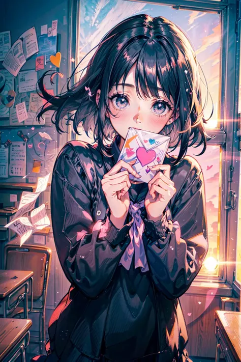 1girl,solo,cute,black hair,,she give a letter,both hands,perfect fingers,love letter,perfect letter,heart,pink,in classroom,around desk,after school,evening,sunset