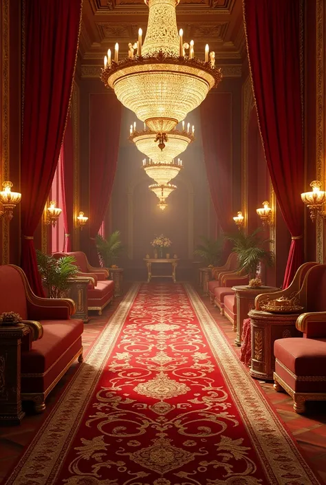 Generate an image of  luxurious interior scene, focusing on elegant, opulent elements like jewelry, a grand chandelier, or a lavish setting, which shows hidden bollywood royalty cinema make it in red and bright golden