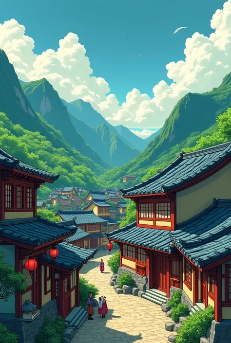 Create a dynamic and vivid comic-style illustration reminiscent of Hayao Miyazaki&#39;s distinctive style of an ancient village in China, with curved roof houses and surrounded by green mountains in the background. Show elements of Chinese culture, like re...