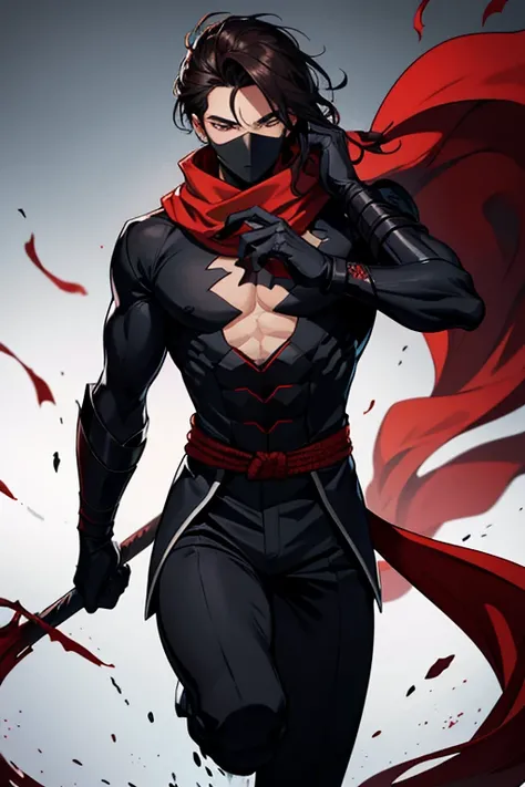 He wears a traditional ninja outfit, predominantly black, adorned with subtle red accents that symbolize the influence of the symbiote that accompanies him. The fabric is light and flexible, allowing him to move with impressive agility and utilize his comb...