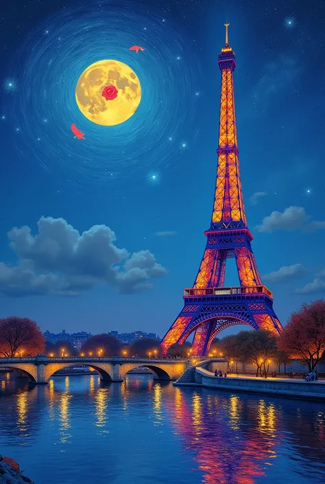 Surreal，The Little Prince sits on top of the purple Eiffel Tower in Paris，Look up and see a red rose in the moon，The Seine sparkles，Beautiful scenery，van gogh，Artistic Composition