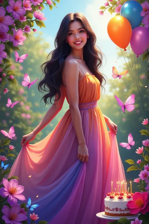 Real one pinay  with long dress purple pink background flowers butterflies with name back"happy 18th birthday nalyn" with cake baloons 