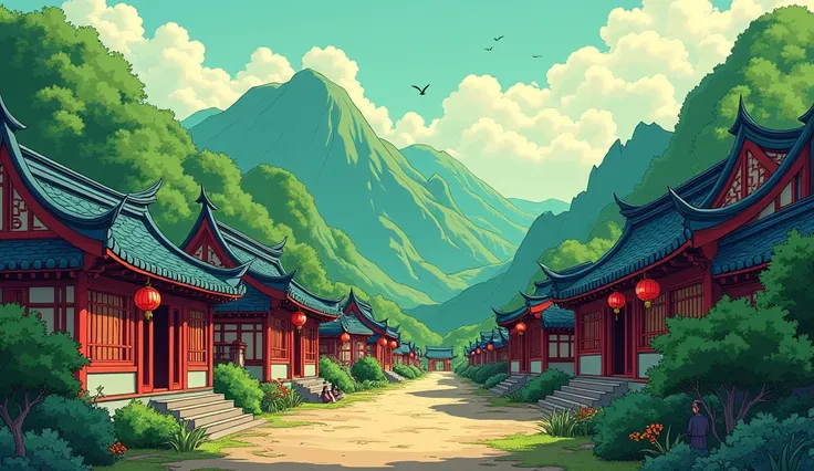 Create a dynamic and vivid comic-style illustration reminiscent of Hayao Miyazaki&#39;s distinctive style of an ancient village in China, with curved roof houses and surrounded by green mountains in the background. Show elements of Chinese culture, like re...