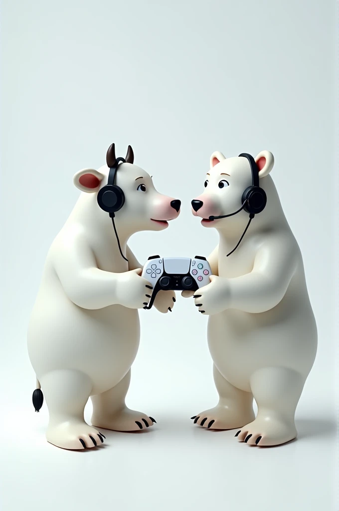 A cow and a polar bear playing with a PS5 controller in their hands and both using a headset 