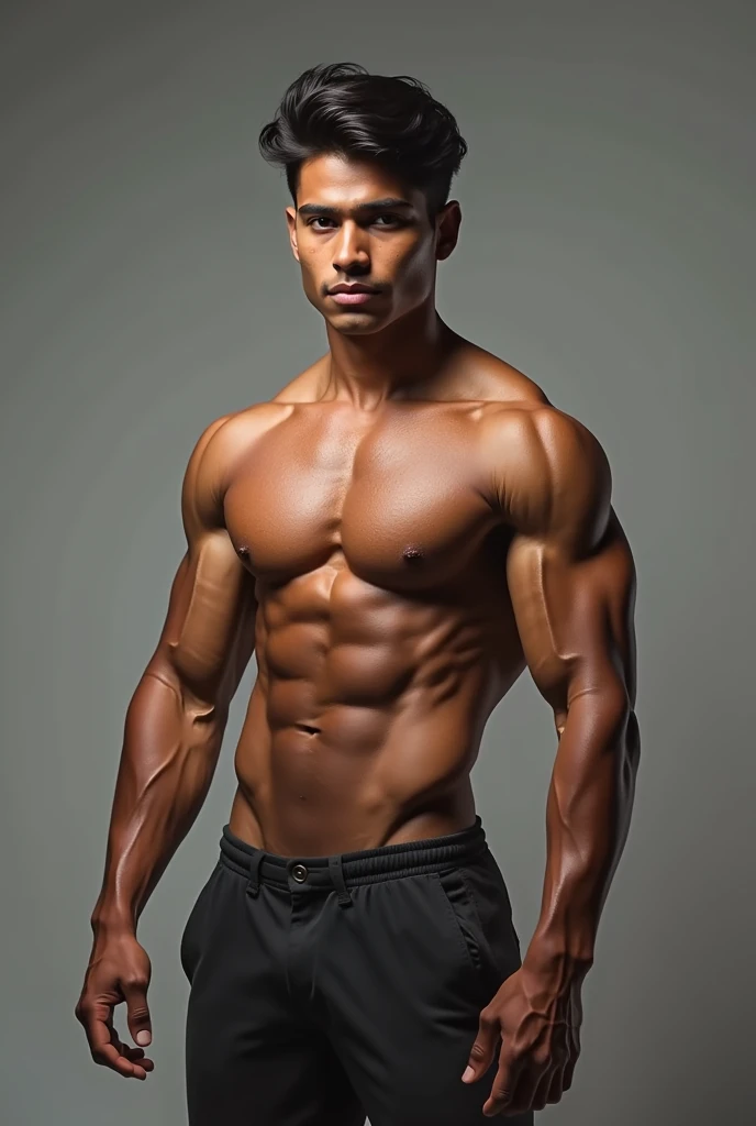 Make a Indian teen with shredded physique made in 1.5 years after being fat it should look natural and masculine.. make abs a bit invisible and traps, shoulder and forearm should look bigger make it more muscular make abs a bit invisible