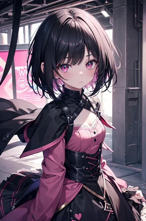 black hair, pink clothes, girl, solo, adult, gothic, (((short hair))), quality(8k,wallpaper of extremely detailed CG unit, ​masterpiece,hight resolution,top-quality,top-quality real texture skin,hyper realisitic,increase the resolution,RAW photos,best qual...