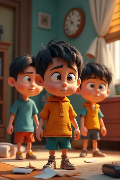 In cinematics 3D cartoon style "The three sons receiving the call, their expressions turning serious, dropping everything to rush to the village"