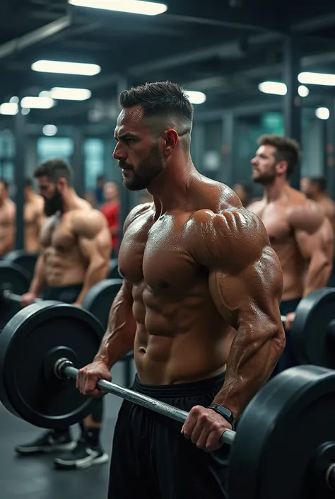 Body builders lifting heavy weights in gym