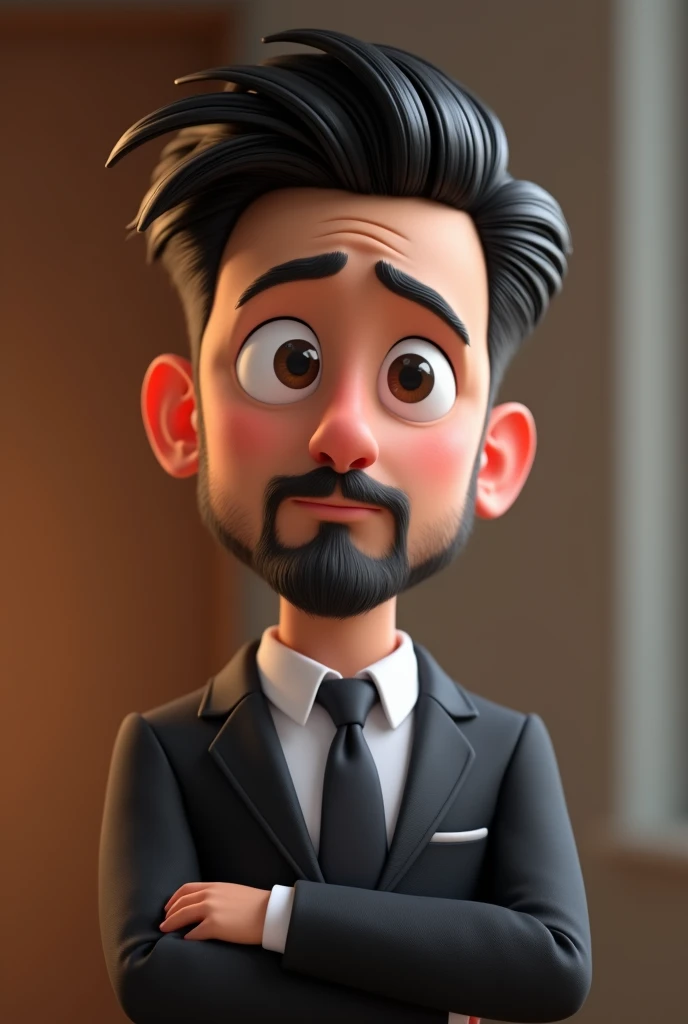 Cartoon character of a man with black hair, barba, formal suit, repeat the drawing in the other images with different reactions, Sad reaction, thoughtful reaction, happy reaction, white skin color, animation character, pixar, Disney, stylized character, an...