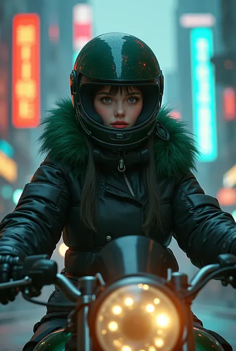 Highest image quality, outstanding details, ultra high resolution, (Realism: 1.4), best illustration, I prefer details, very tight 1 girl, with a gentle and beautiful face, dressed in black and green fur, in a mechanical helmet, holding a direction control...