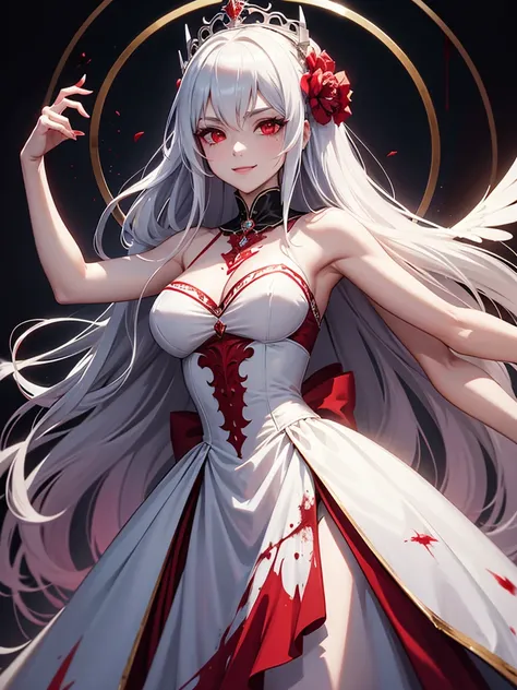 woman, red eyes, white long wavy hair, noble, like prince, sadistic smile, queen. her front hair is tied up. her. where dress like princess or queen. she sadistic and cruel women. like a strong Knight women. like fallen angel. she is the evil queen. wearin...