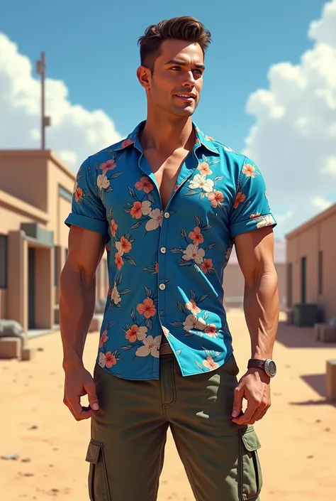 a man dressed military uniform pants and a blue floral Hawaiian shirt. he has short dark brown hair and blue eyes. he is muscular and lean. he is standing in a medical military base in the desert. he is happy.