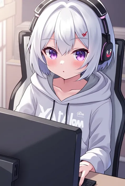 anime girl, white short hair, purple eyes, hoodie, pc, streamer, vtuber, street style