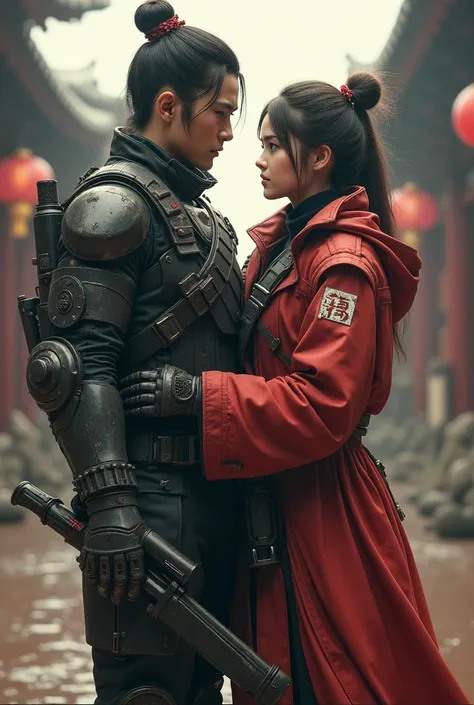 oriental detailed background, science fiction, mechanical arms, girl with man, war, monster army, techwear, military uniform, (best quality, 4k, 8k, highres, masterpiece:1.2), ultra-detailed, (realistic, photorealistic, photo-realistic:1.37), HDR, UHD, stu...