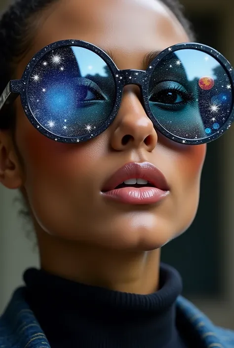 The model is wearing glass sunglasses with stars and the moon on the glass