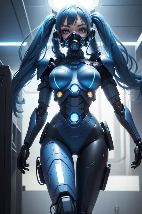 View from below angle from below girl mecha half cyborg, with long blue hair, with blue eyes, with a gas mask on his face, cybernetic suit blue, costume parts with blue lights and LEDs, a multitude of glowing blue lights, hands prosthetics, wide hips, gorg...