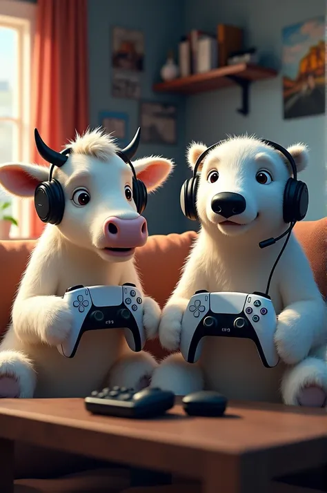 Photo for YouTube channel cover a cow and a polar bear playing video games both with PS5 controller in hand and both with headset on head realistic theme 
