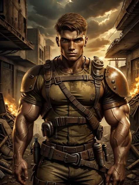 epic professional upper body headshot official art fallout young 20yo male raider, detailed face, smooth features, brunette hair, post-apocalypse, rust, detailed eyes, intricate details