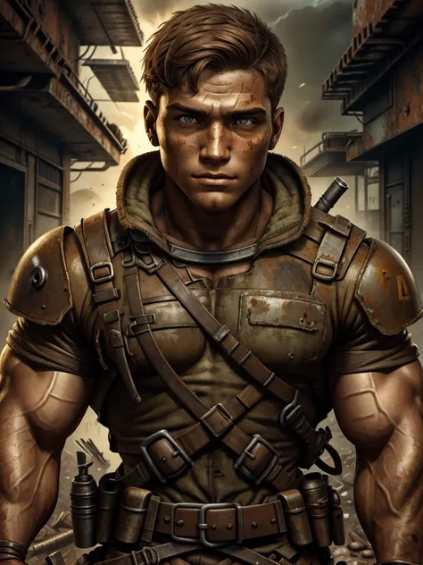 epic professional upper body headshot official art fallout young 20yo male raider, detailed face, smooth features, brunette hair, post-apocalypse, rust, detailed eyes, intricate details