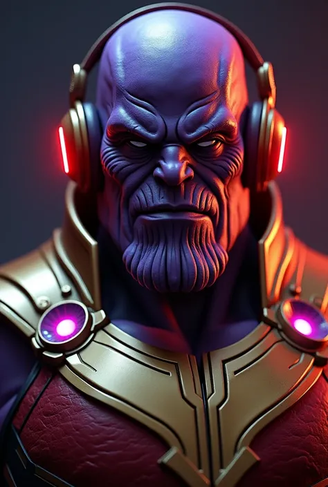 thanos, thanos wearing red headphones, thanos with red headphones, infinity gauntlet, marvel superhero, 3d render, highly detailed, intricate details, cinematic lighting, dramatic pose, dark shadows, glowing infinity stones, photorealistic, 8k, best qualit...